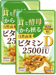 Mushroom and Yeast Vitamin D Supplement 2500 IU with 100 Billion Lactic Acid Bacteria, 2 Pouches of 60 Tablets for 60 Days, Made in Japan