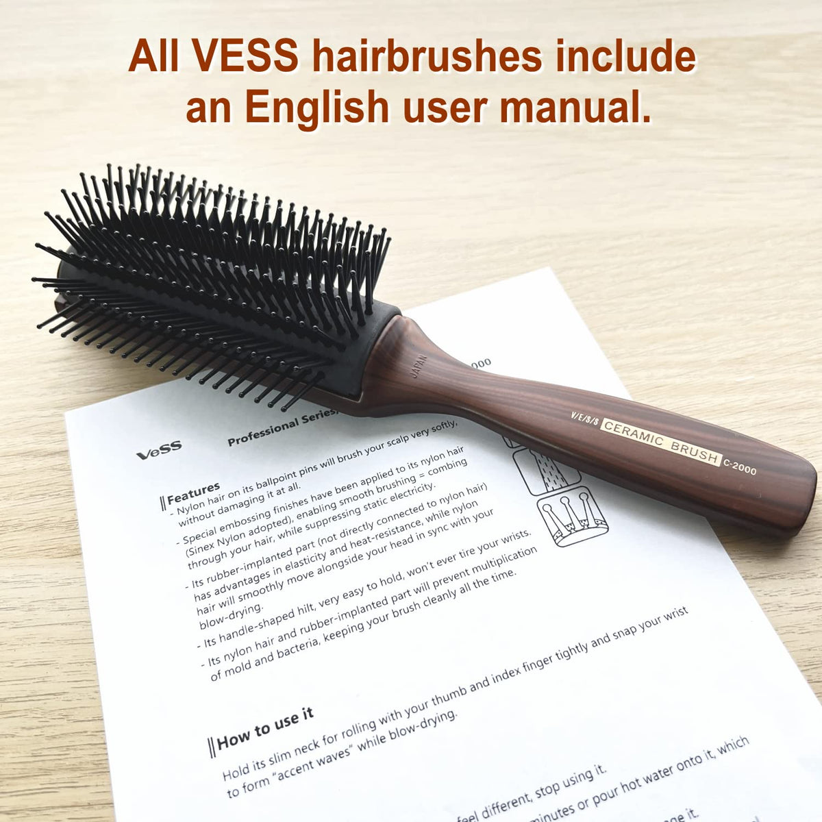 VESS C-2000 Professional Hair Brush, 9-Row Tourmaline Ceramic with Round-Tip Nylon Bristles and Curved Pad, Wood-Grain Brown