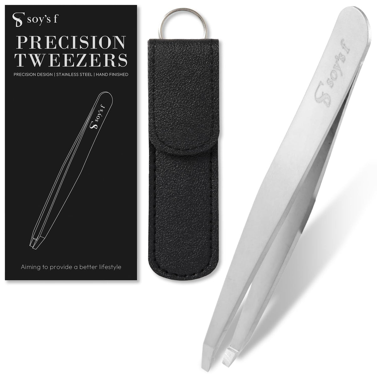 Precision Slant-Tip Tweezers, Stainless Steel Hair Tweezers for Brows, Fine Hair and Beard with Case, Black or Silver