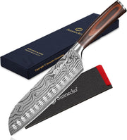 Sunnecko Santoku Knife 180 mm with Sheath, High-Carbon Stainless, Laser-Etched Damascus Pattern, Wood Handle