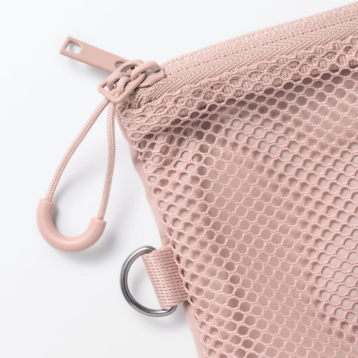 MUJI Polyester Double Zip Case M, Mesh Pouch about 13.5 x 19 cm with Zip Pull Ring, Pink, Grey, Khaki or Black