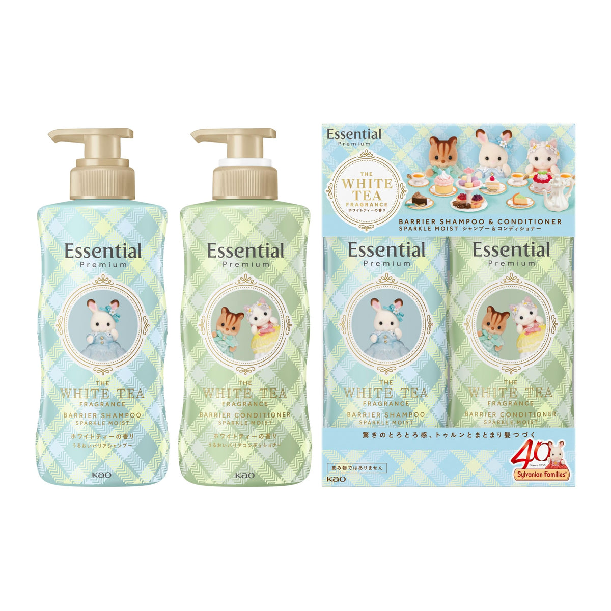 Essential Premium Moisture Barrier Shampoo and Conditioner Set, Sparkle Moist, Sylvanian Families design, White Tea Scent, 860 mL Pump Set