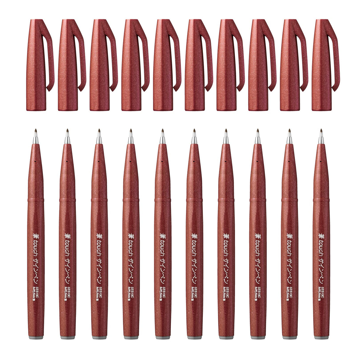 Pentel Brush Sign Pen SES15C, Brush-Touch Fibre-Tip Pens, Fine Point, Pack of 10 in One Colour, Pink, Green, Grey Blue, Orange, Pale Pink, Brown, Burgundy, Grey, Violet, Black or Light Green