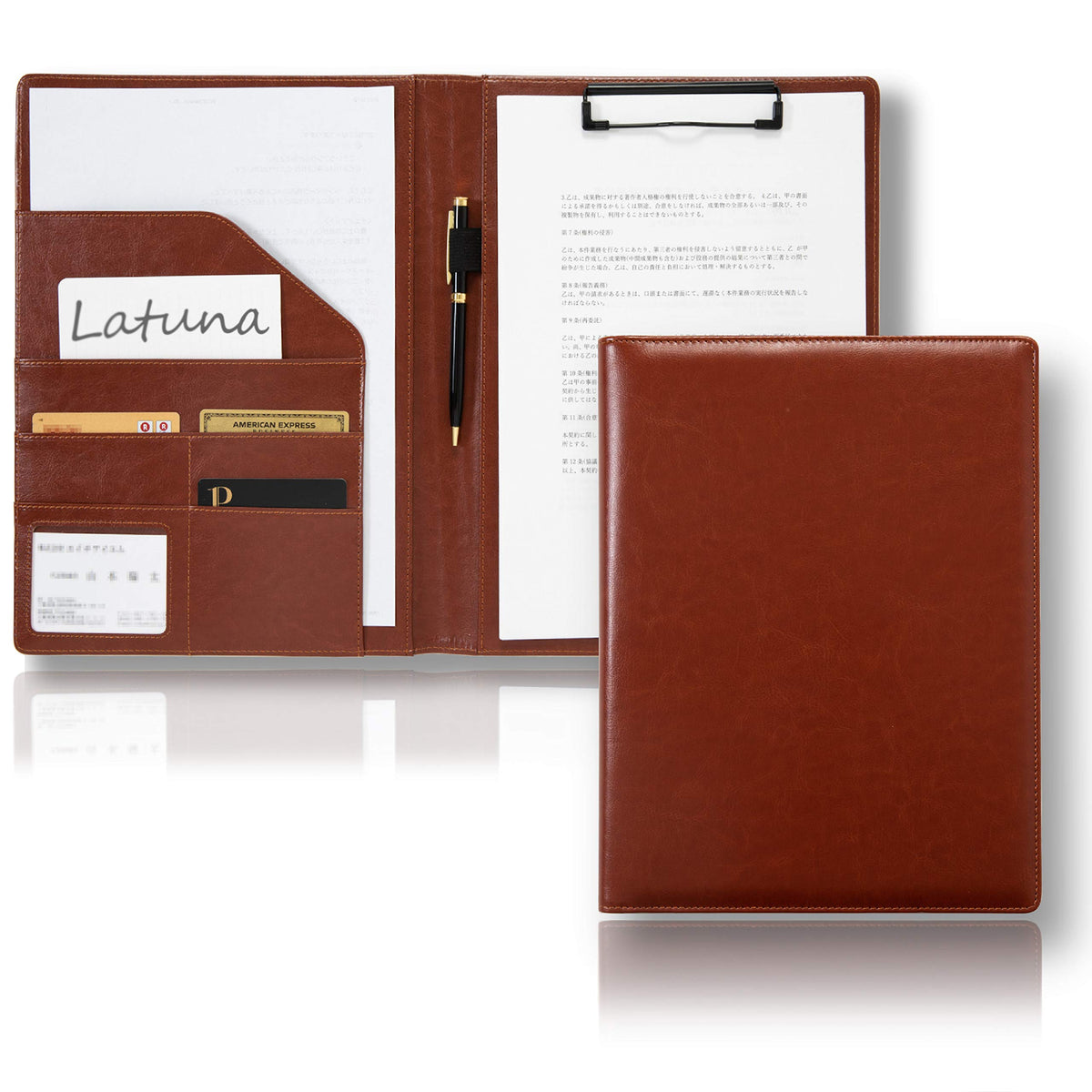 Latuna A4 Folding Clipboard Binder, Two-Fold Leather Binder with Quiet Clip for About 60 Sheets, Card Pockets and Pen Holder, 32 x 24.5 x 2 cm, Black, Navy or Brown