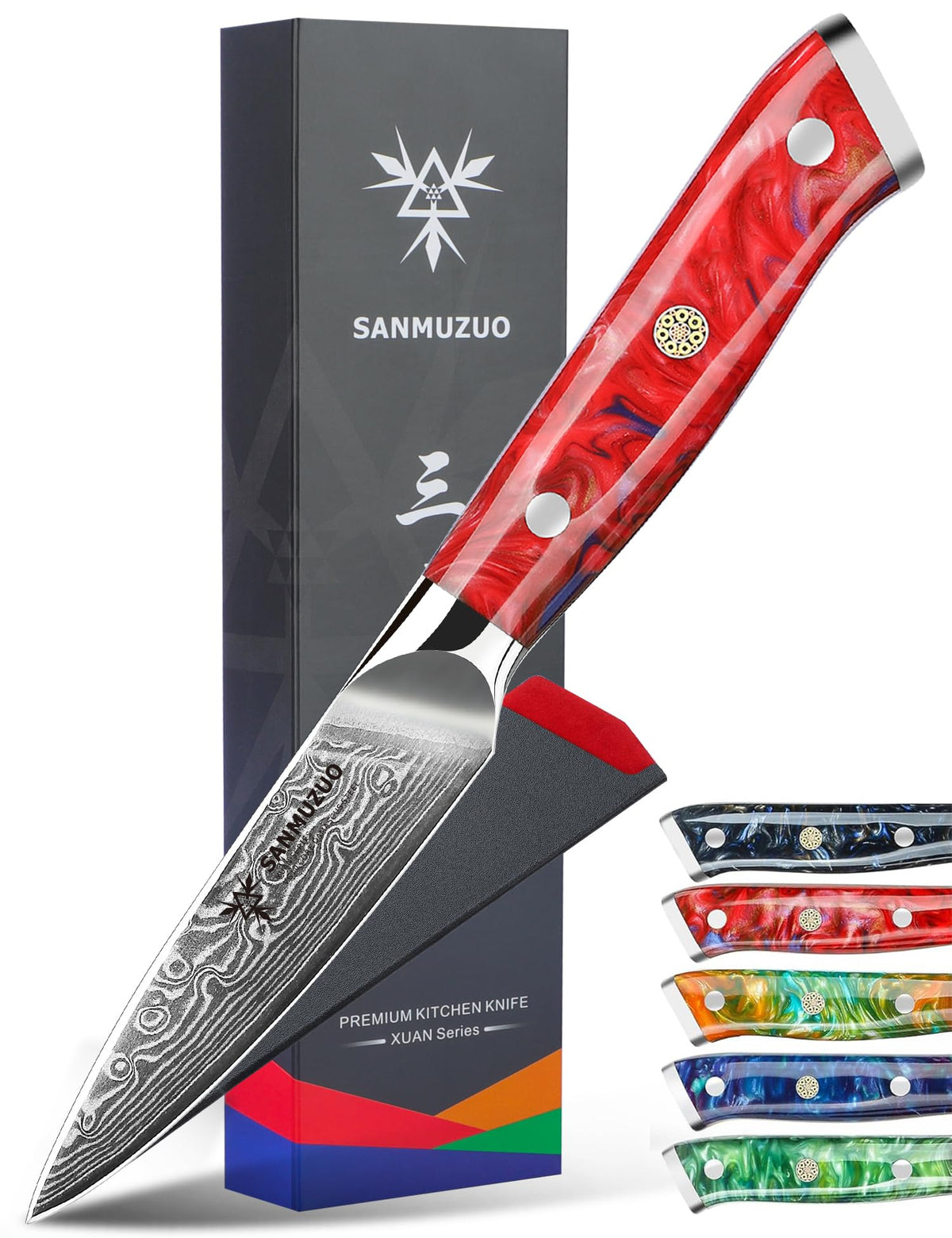 SANMUZUO Xuan Series 3.5 Inch Damascus Steel Paring Knife with Resin Handle