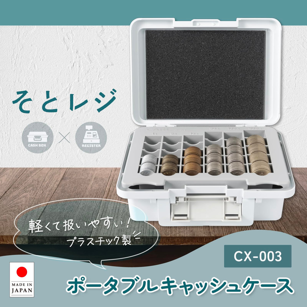 CARL Portable Cash Case CX-003, Plastic Coin and Banknote Box with Coin Tray and Mechanical Code Lock, Holds 50 of Each Coin and About 300 Notes, 201 x 150 x 73 mm and 370 g, White, Light Green or Pink, Made in Japan