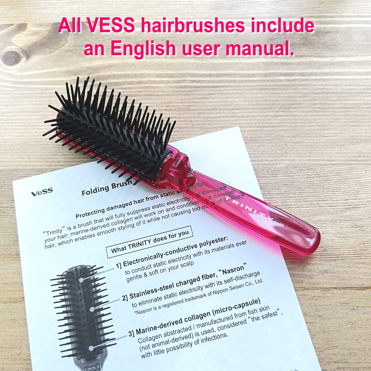 VESS Trinity Folding Anti-Static Hair Brush TY-780, Compact Travel Detangler, Pink