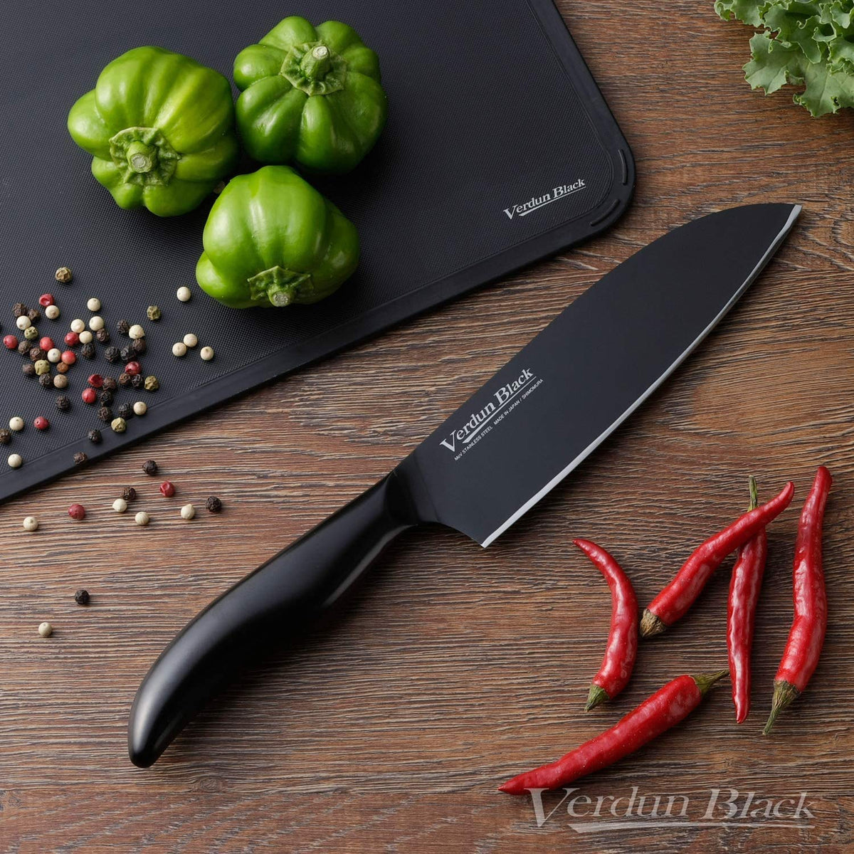 Shimomura Verdun Black Santoku Knife And Soft Sheet Cutting Board Set