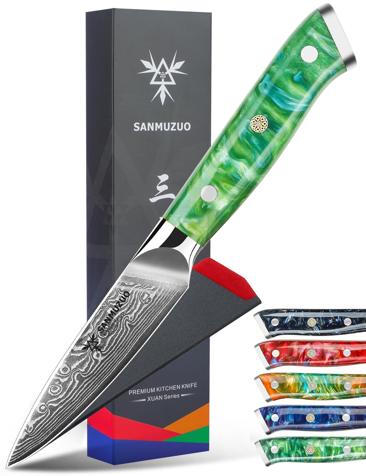 SANMUZUO Xuan Series 3.5 Inch Damascus Steel Paring Knife with Resin Handle