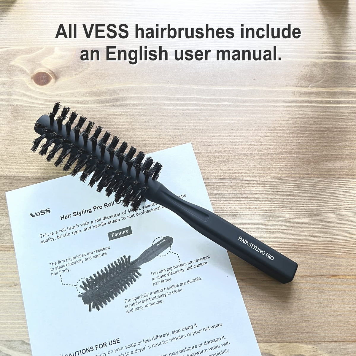 VESS Hair Styling Pro Roll Brush SPR-2200, 40 mm 100% Pig Hair Round Brush with Square Handle, Matte Black, Made in Japan