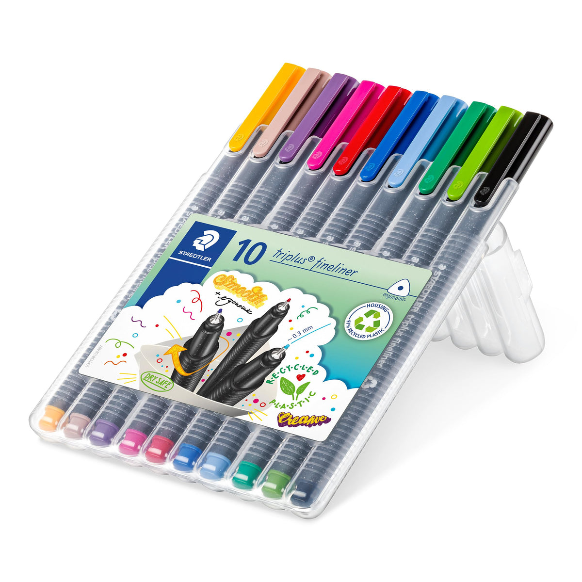 STAEDTLER Triplus Fineliner 334 Water-Based Pens, 0.3 mm Triangular Grip, Dry-Safe Ink, Sets of 4 x 2, 6 Pastel, 10 or 60 Colours, Made in Germany
