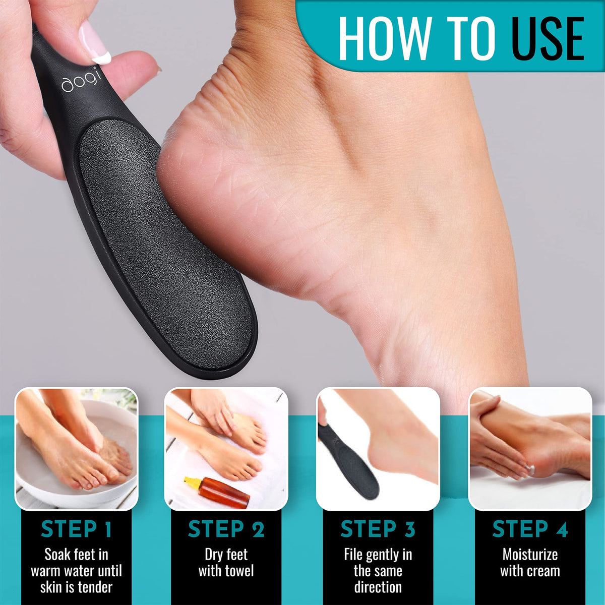Aogi Pedicure Foot File, Two-Grade Washable Foot Rasp for Hard Skin and Calluses, Black, with Original Pouch, 21.6 cm