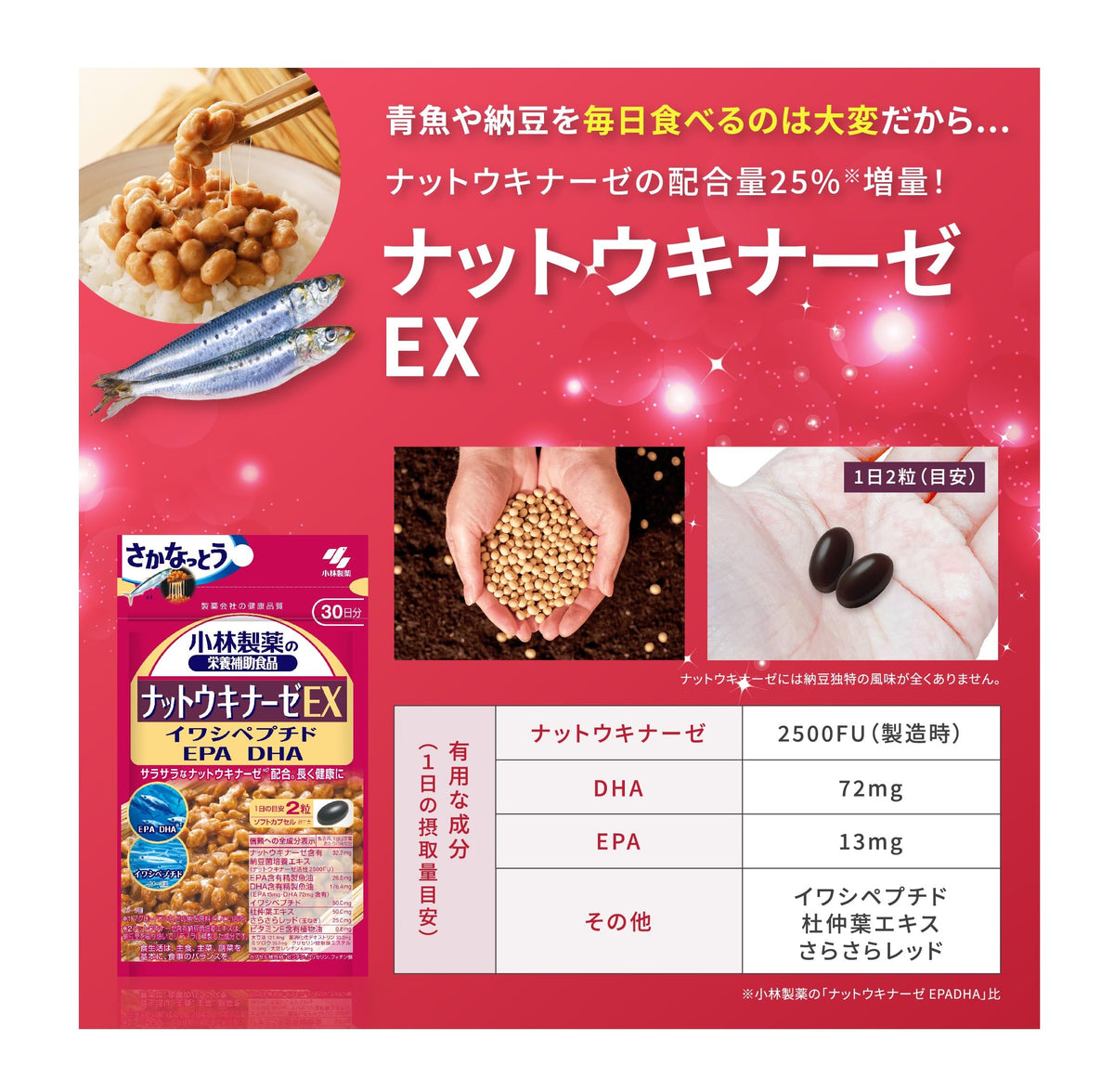 Kobayashi Nattokinase EX, 60 Softgels, 30 Days, 2,500 FU with Sardine Peptide, EPA and DHA