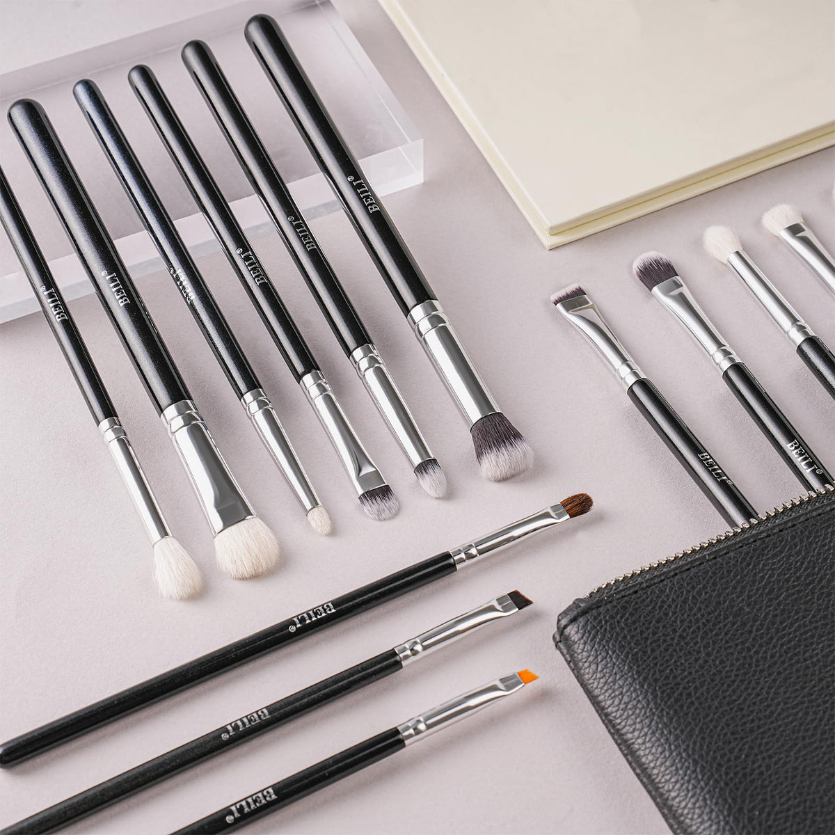 Beili 15-Piece Eye Makeup Brush Set, Goat Hair, Horse Hair and Nylon Eyeshadow, Blending, Eyeliner and Eyebrow Brushes with Birch Handles and Aluminium Ferrules, Black