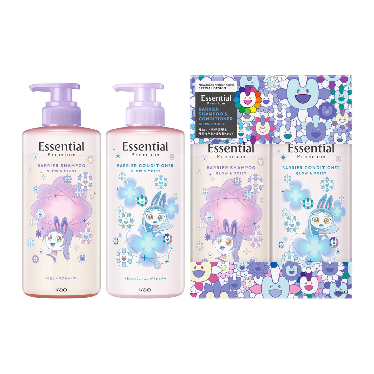Essential Premium Moisture Barrier Shampoo and Conditioner Set, Glow & Moist, NewJeans x MURAKAMI special design, Gardenia and Jasmine Floral Luxe Scent, 900 mL Pump Set