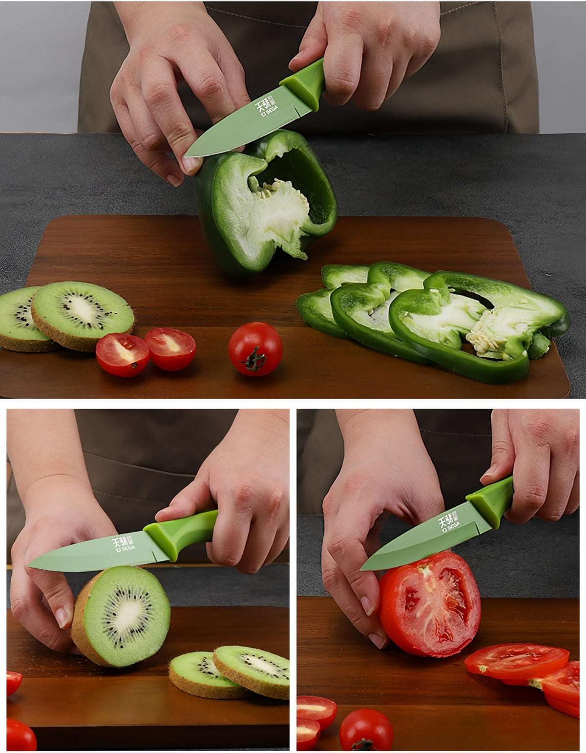 TJ POP Small Santoku and Petty Knife 2-Piece Set with Sheaths, Non-Stick Coated, Blue and Green