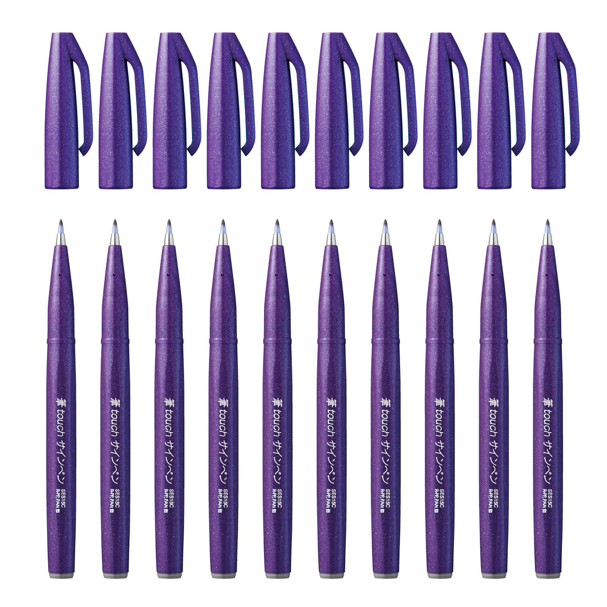 Pentel Brush Sign Pen SES15C, Brush-Touch Fibre-Tip Pens, Fine Point, Pack of 10 in One Colour, Pink, Green, Grey Blue, Orange, Pale Pink, Brown, Burgundy, Grey, Violet, Black or Light Green