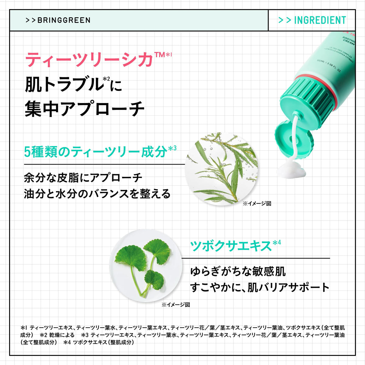 BRING GREEN Tea Tree Cica Soothing Cream Plus, Lightweight Water Cream with Five Tea Tree Ingredients, Centella and Niacinamide, 100 mL