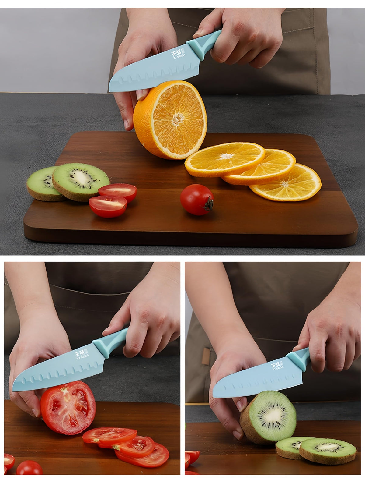 TJ POP Small Santoku and Petty Knife 2-Piece Set with Sheaths, Non-Stick Coated, Blue and Green