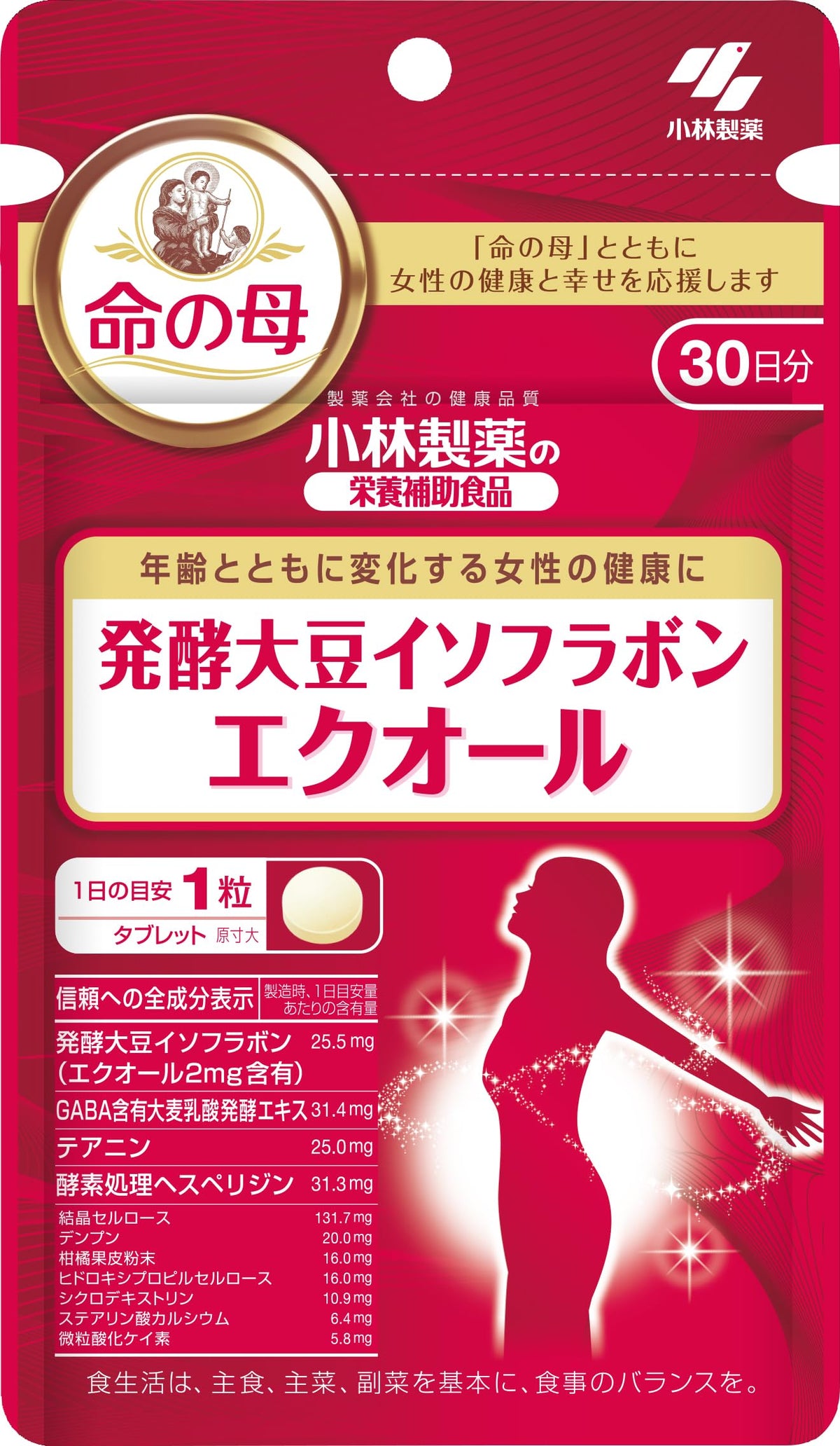 Kobayashi Inochi no Haha Fermented Soy Isoflavone Equol, 30 Tablets, 30 Days, with GABA and Theanine