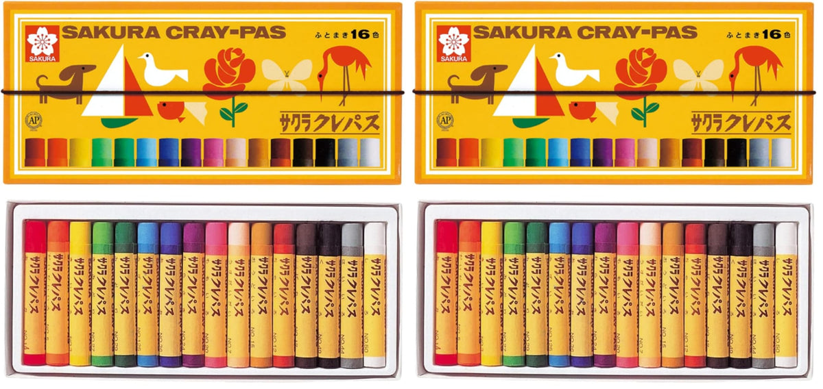 SAKURA Cray-Pas 16 Colour Oil Pastel Set with Elastic Band LP16R, Soft Thick Sticks 11 x 71 mm, Single Box or 2 Boxes