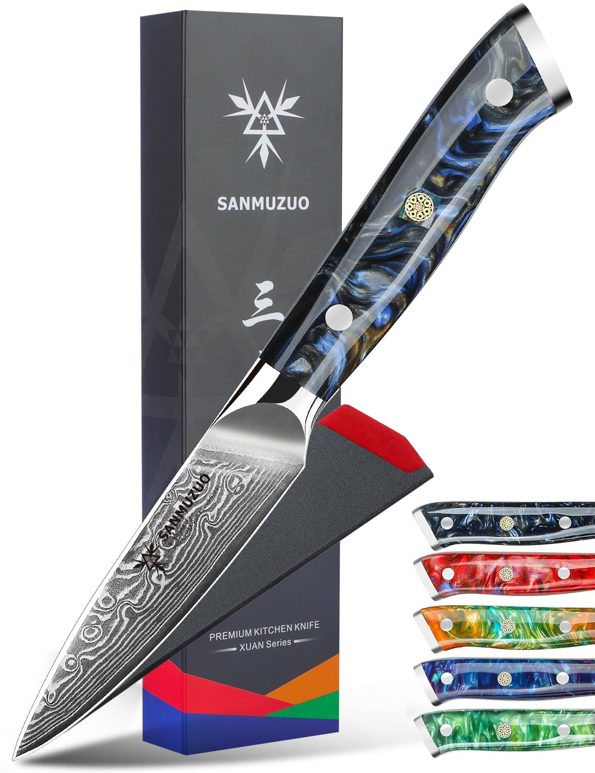 SANMUZUO Xuan Series 3.5 Inch Damascus Steel Paring Knife with Resin Handle