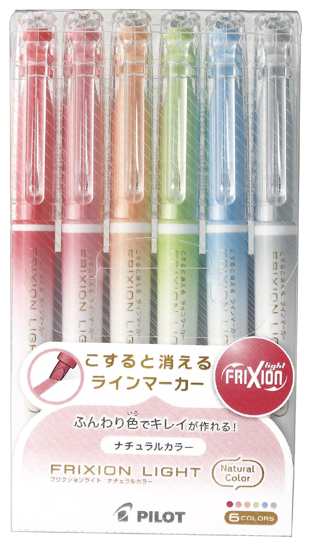 PILOT FriXion Light Erasable Highlighter 3.3 mm Chisel Tip, Set of 6 Colours in Regular, Natural or Soft Colours, Ink Turns Clear When Rubbed