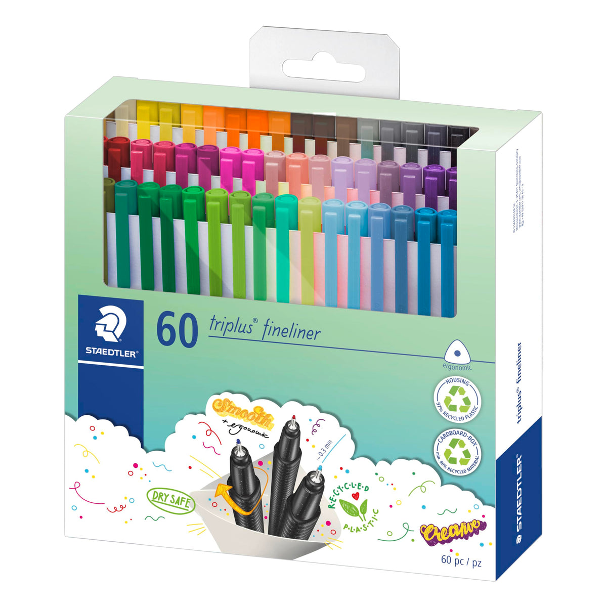 STAEDTLER Triplus Fineliner 334 Water-Based Pens, 0.3 mm Triangular Grip, Dry-Safe Ink, Sets of 4 x 2, 6 Pastel, 10 or 60 Colours, Made in Germany