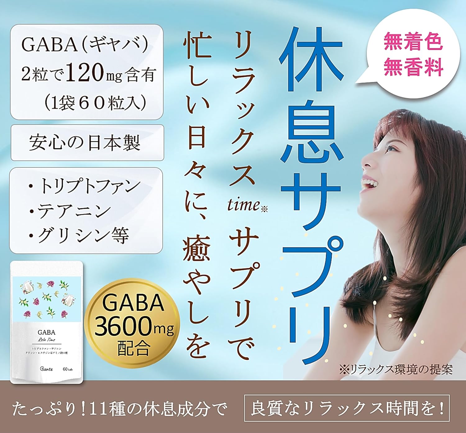 Nippon Sante Relaxing Time Supplement, Made in Japan, Additive-Free, Tryptophan, Gaba, Glycine, 11 Types, 60 Tablets
