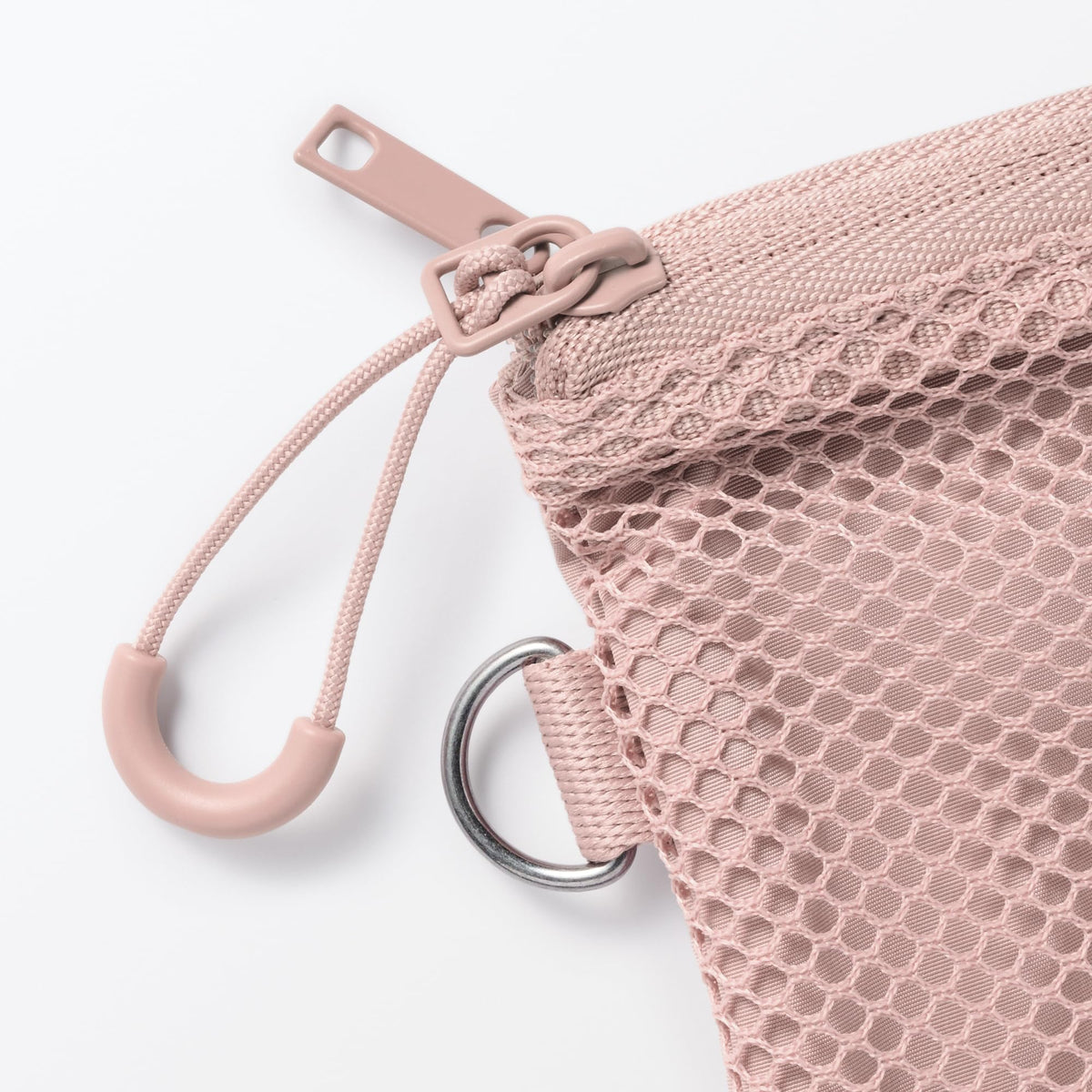 Muji Polyester Double-Zip Case, Small 10 x 13.5 cm Mesh-Front Pouch with D-Ring and Zip Pull Loop, Pink, Grey, Black or Khaki
