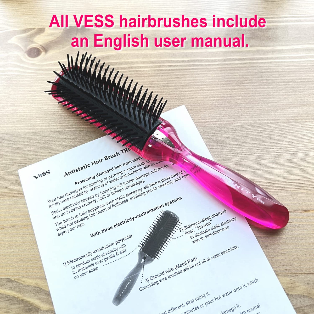 VESS Trinity Anti-Static Hair Brush TY-980 with Ground Wire, Detangler for Wet and Dry Hair, Pink