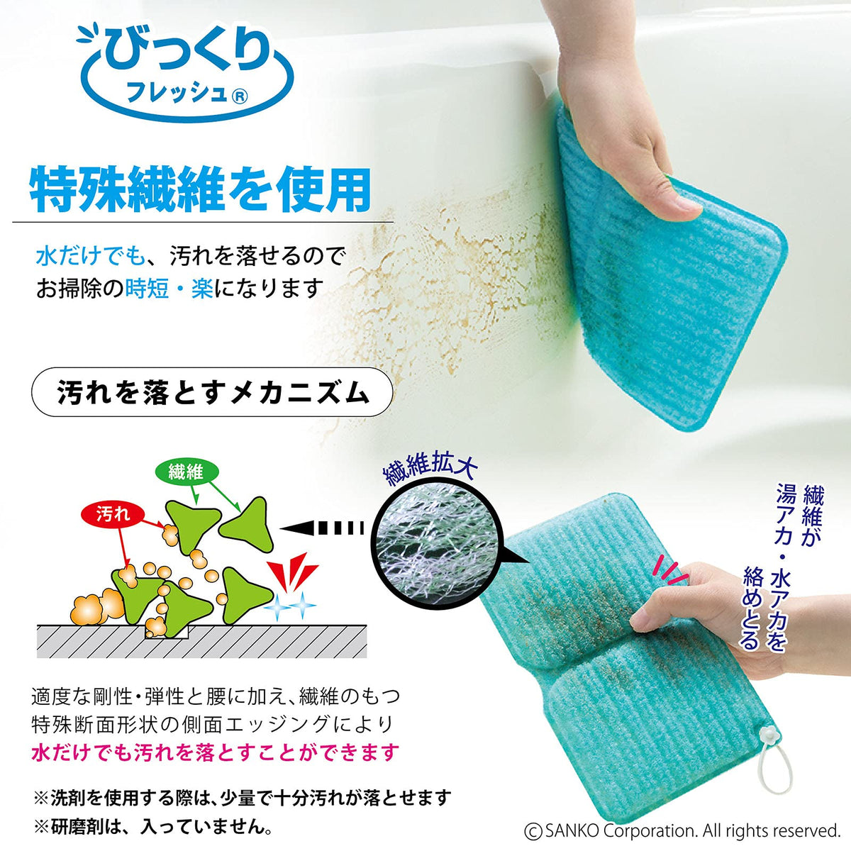 Sanko Mitsuba Bath Pika Pika Sponge 3 Colours, Foldable Special-Fibre Bath Scrubbers That Clean with Water Only, 20 x 12 x 1.3 cm, Pink, Blue and Green, Made in Japan