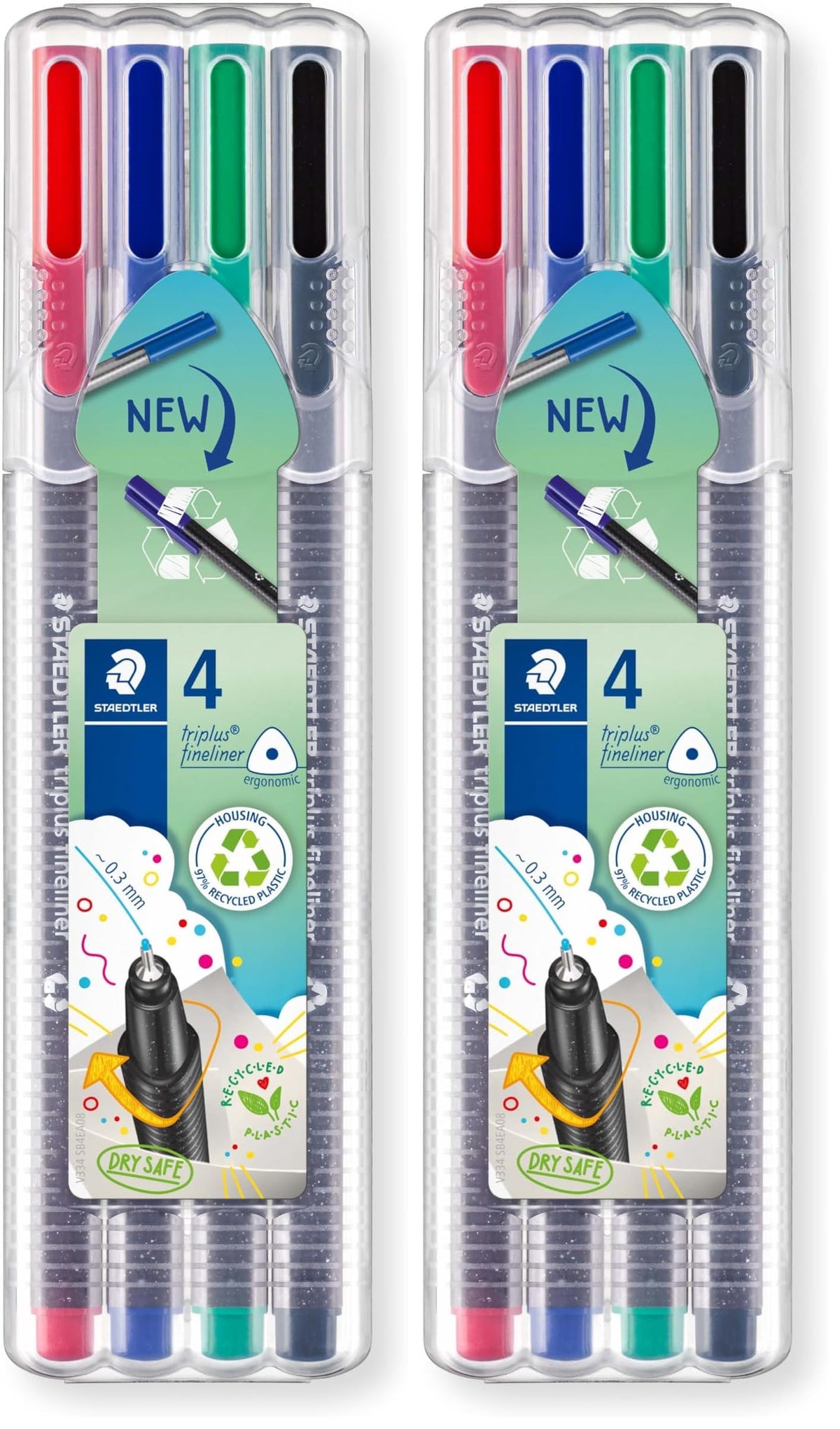 STAEDTLER Triplus Fineliner 334 Water-Based Pens, 0.3 mm Triangular Grip, Dry-Safe Ink, Sets of 4 x 2, 6 Pastel, 10 or 60 Colours, Made in Germany