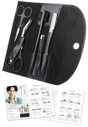 Omahit Men's Eyebrow Grooming Set of 5 with Case, Brow Scissors, Comb Scissors, Comb Brush, Razor and Tweezers in Black