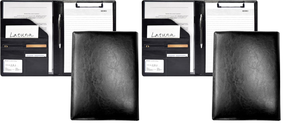 Latuna A4 Folding Clipboard Binder, Two-Fold Leather Binder with Quiet Clip for About 60 Sheets, Card Pockets and Pen Holder, 32 x 24.5 x 2 cm, Black, Navy or Brown
