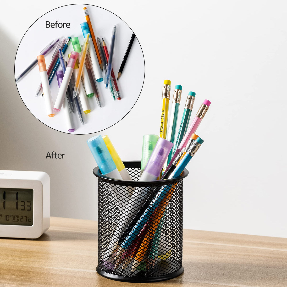 Amazon Basics Wire Mesh Pen Cup, Black Powder-Coated Alloy Steel with Double Rim, 8.5 cm Wide and 9.5 cm High, About 82 g, Pack of 1 or 2