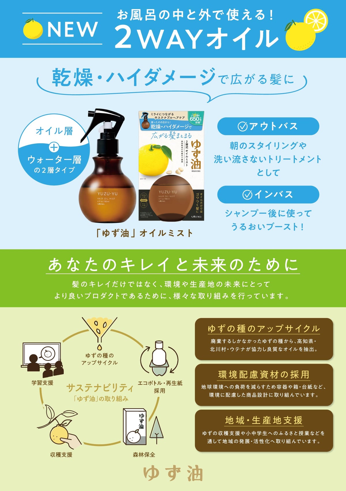 Utena Yuzu Oil Two-Layer Oil Mist Refill 160 mL, Silicone-Free Hair Oil Mist for Dry, Damaged, Spreading Hair, Yuzu Scent