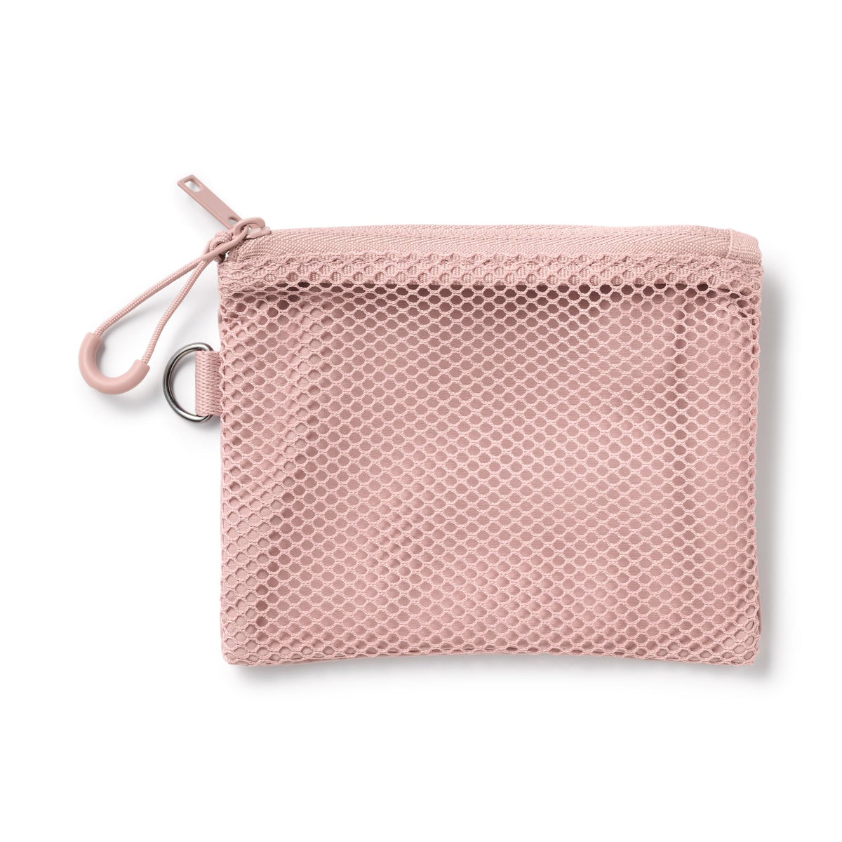 Muji Polyester Double-Zip Case, Small 10 x 13.5 cm Mesh-Front Pouch with D-Ring and Zip Pull Loop, Pink, Grey, Black or Khaki