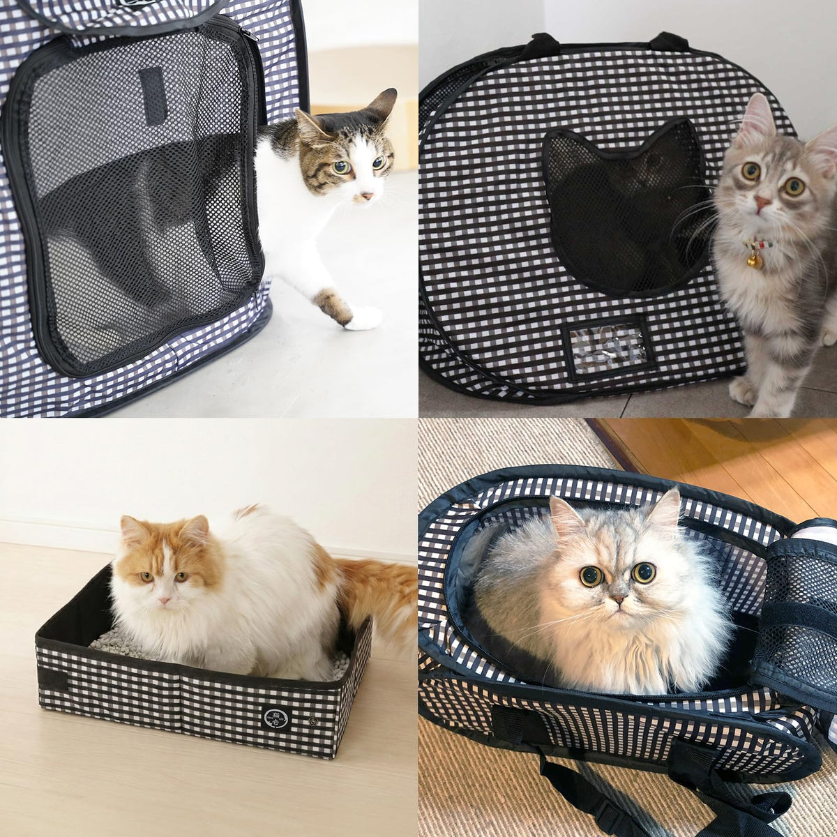 Necoichi Portable Carrier for Cats, Black Gingham Foldable Carry Bag 46 x 25 x 25 cm, About 800 g, up to 6 kg, with Calming Net, Two Openings and Locking Zips