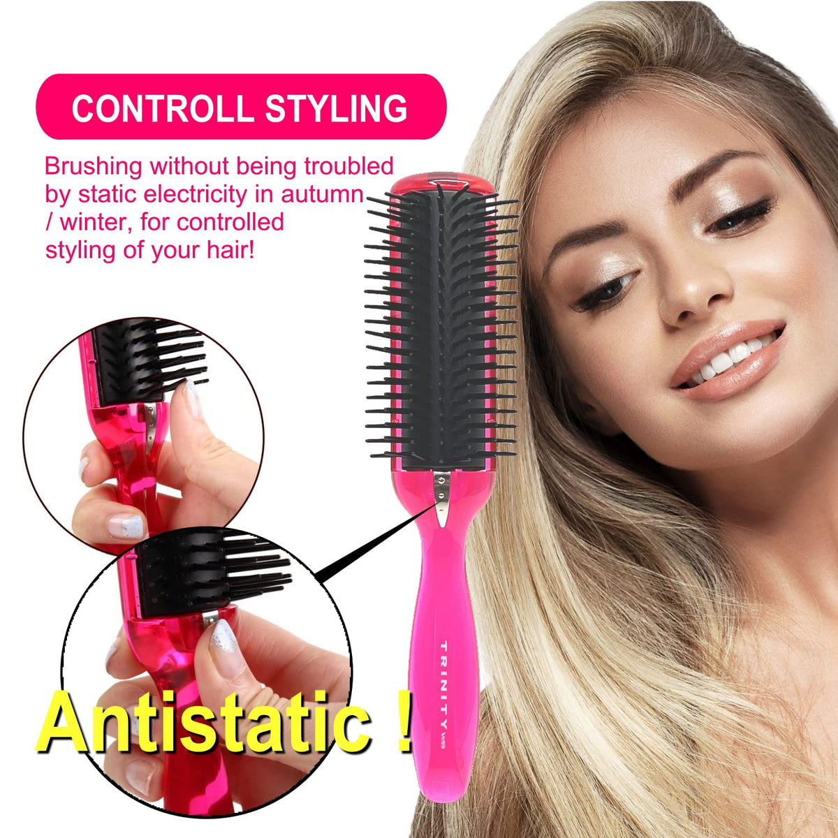 VESS Trinity Anti-Static Hair Brush TY-980 with Ground Wire, Detangler for Wet and Dry Hair, Pink