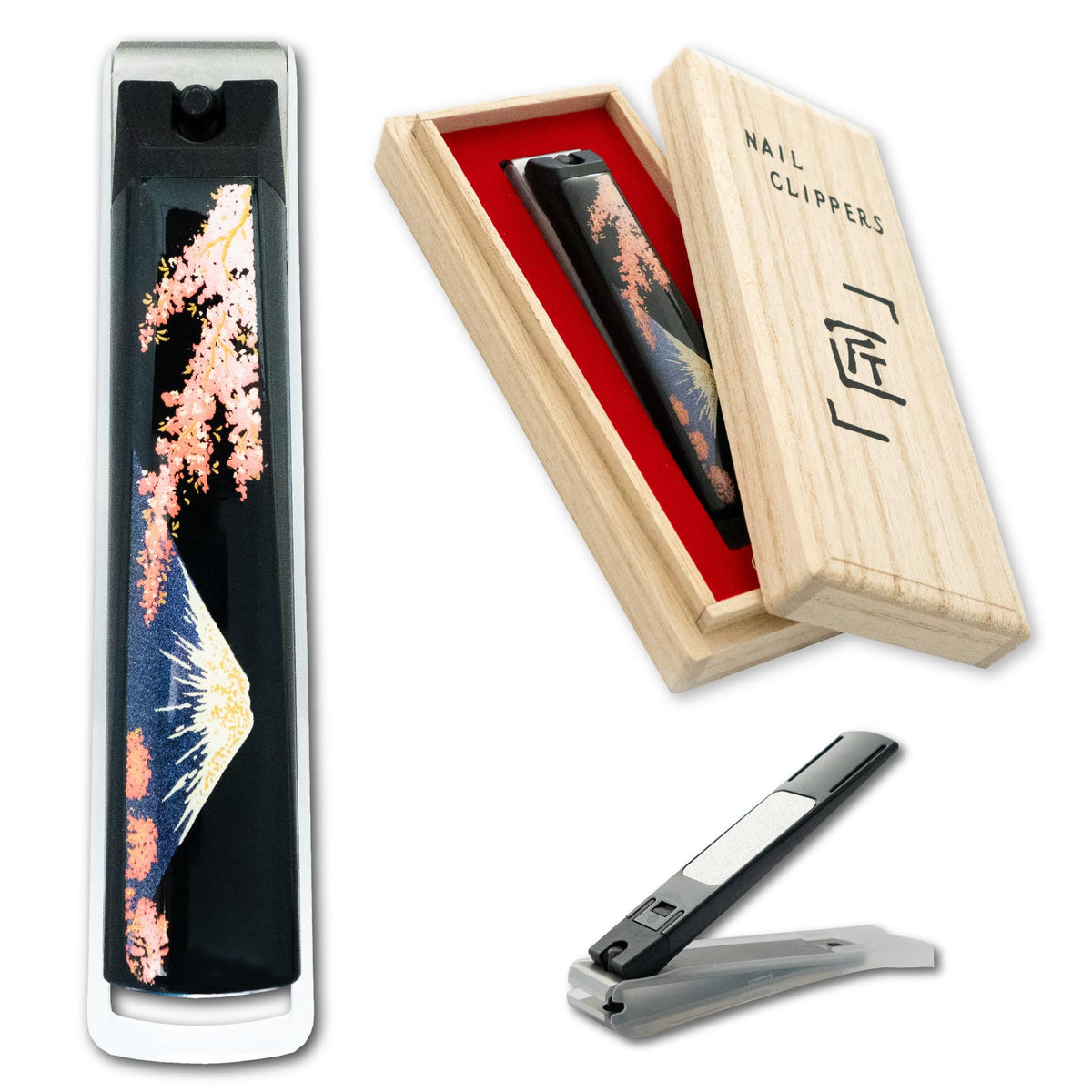 Maki-e Lacquer Nail Clipper in a Paulownia Wood Gift Box, Large Stainless Straight-Edge Clipper Made in Japan, Weeping Cherry, Thousand Cranes or Mt. Fuji and Sakura