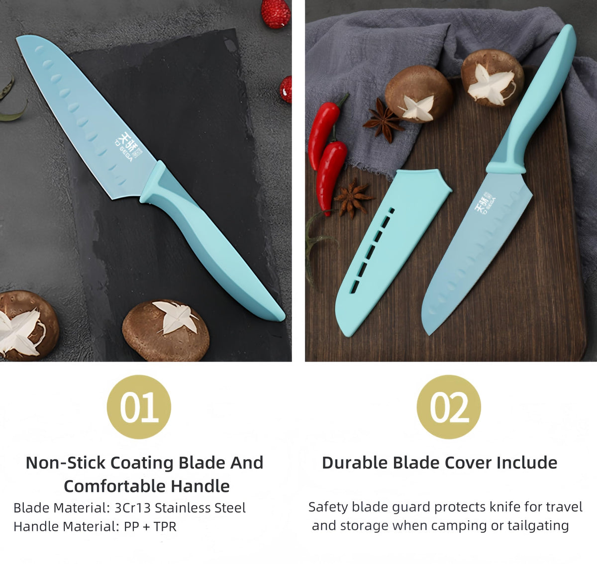 TJ POP Small Santoku and Petty Knife 2-Piece Set with Sheaths, Non-Stick Coated, Blue and Green