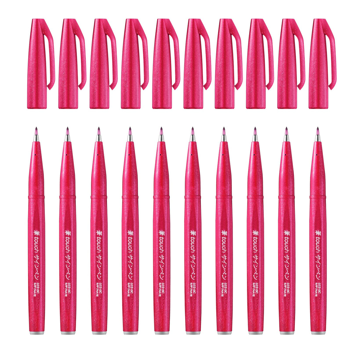 Pentel Brush Sign Pen SES15C, Brush-Touch Fibre-Tip Pens, Fine Point, Pack of 10 in One Colour, Pink, Green, Grey Blue, Orange, Pale Pink, Brown, Burgundy, Grey, Violet, Black or Light Green