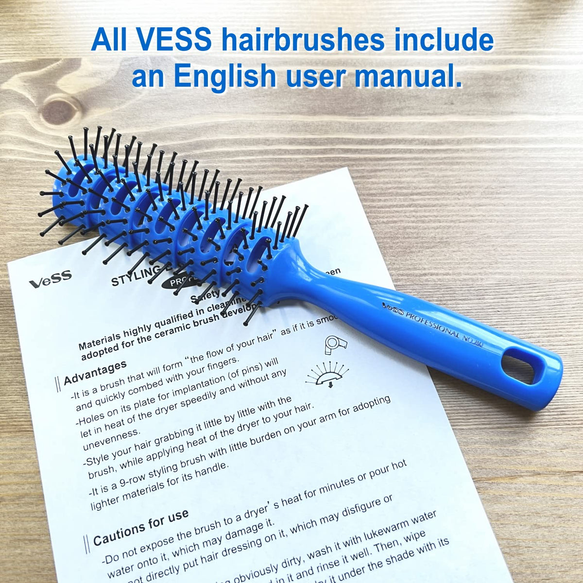 VESS Styling Vent Brush, 9-Row Round Type for Ribbon Styling with Ceramic Holes, Blue No. 80, Made in Japan