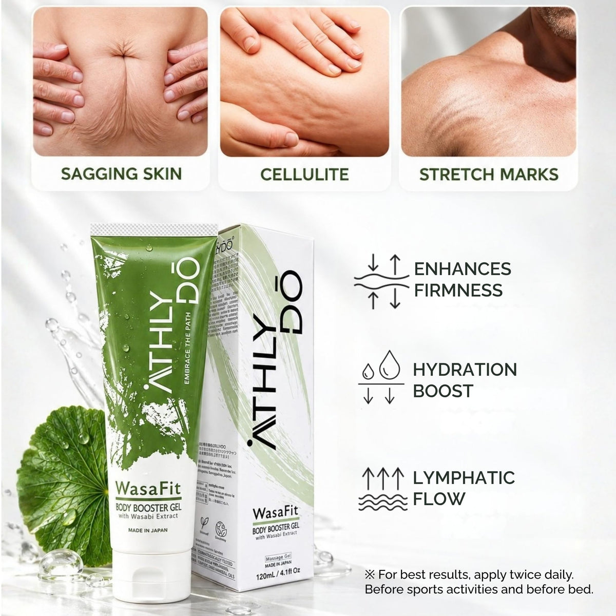 Athlydo WasaFit Body Booster Gel with Wasabi Leaf Extract, Warming Firming Gel for Before and After Exercise, 120 mL, Made in Japan