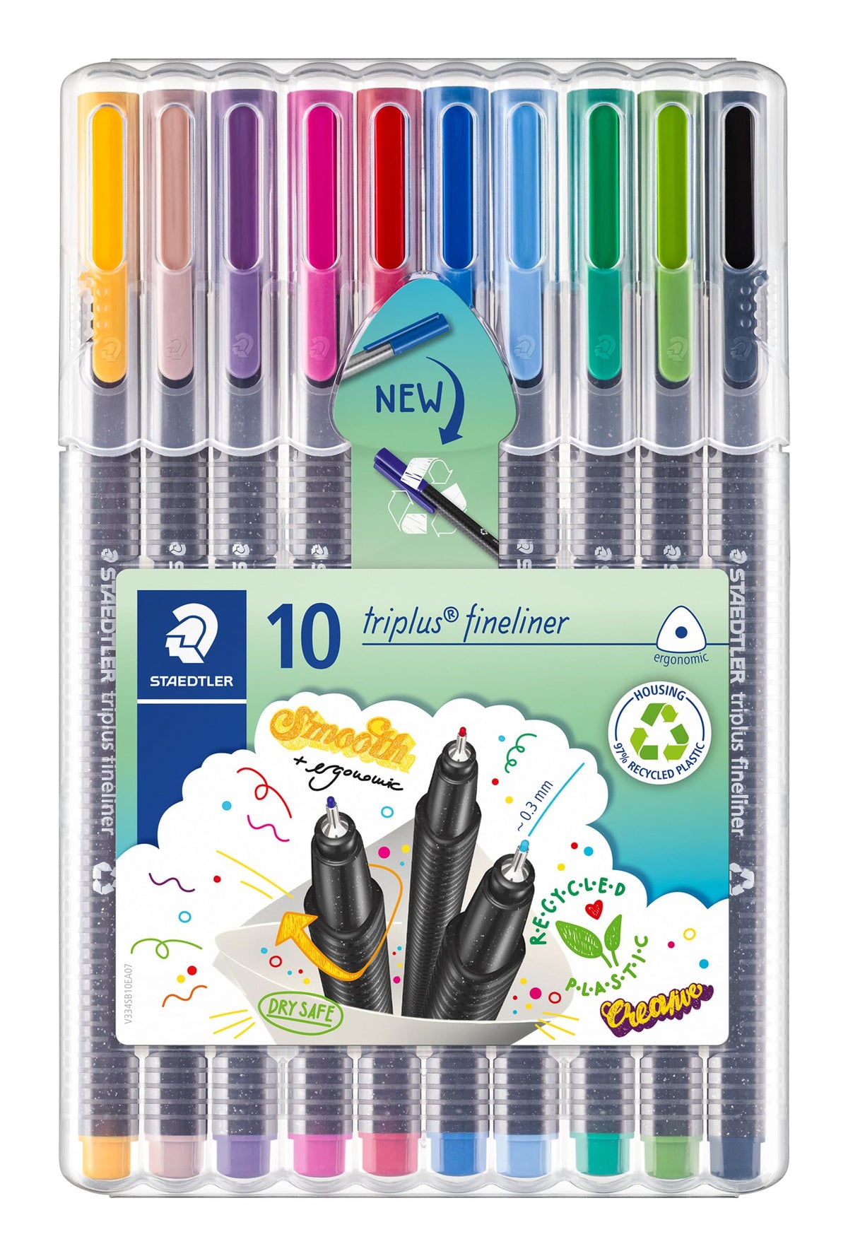 STAEDTLER Triplus Fineliner 334 Water-Based Pens, 0.3 mm Triangular Grip, Dry-Safe Ink, Sets of 4 x 2, 6 Pastel, 10 or 60 Colours, Made in Germany