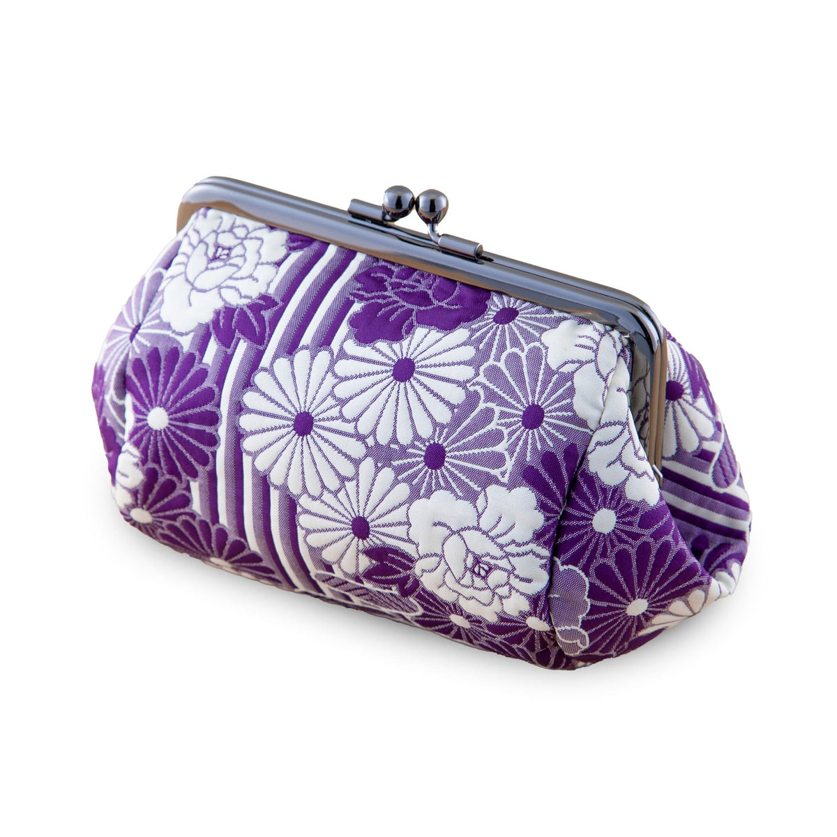 Fukure-Ori Retro Flower Kiss-Lock Pouch, Round Barrel Shape with an Iron Frame, 17 x 10 x 9 cm, Pink, Red or Purple, Made in Japan