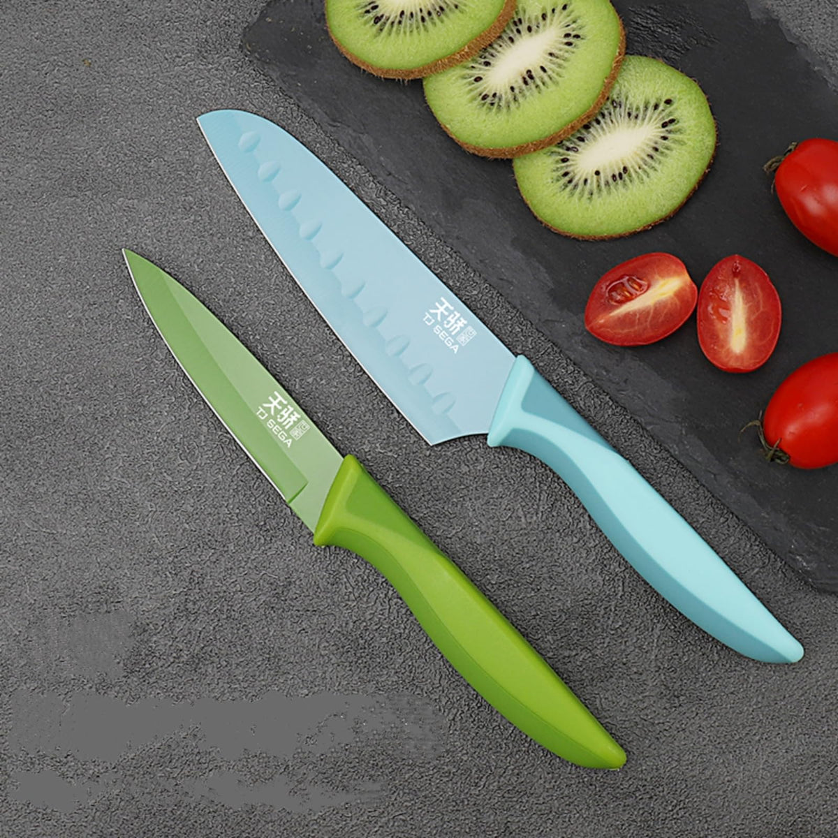 TJ POP Small Santoku and Petty Knife 2-Piece Set with Sheaths, Non-Stick Coated, Blue and Green