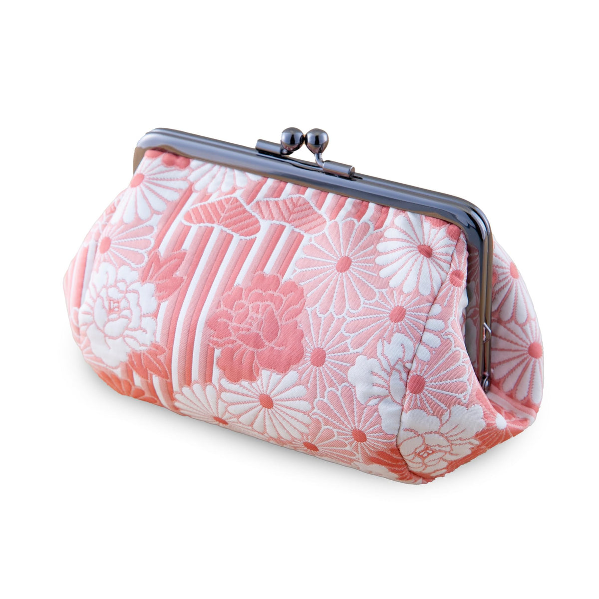 Fukure-Ori Retro Flower Kiss-Lock Pouch, Round Barrel Shape with an Iron Frame, 17 x 10 x 9 cm, Pink, Red or Purple, Made in Japan