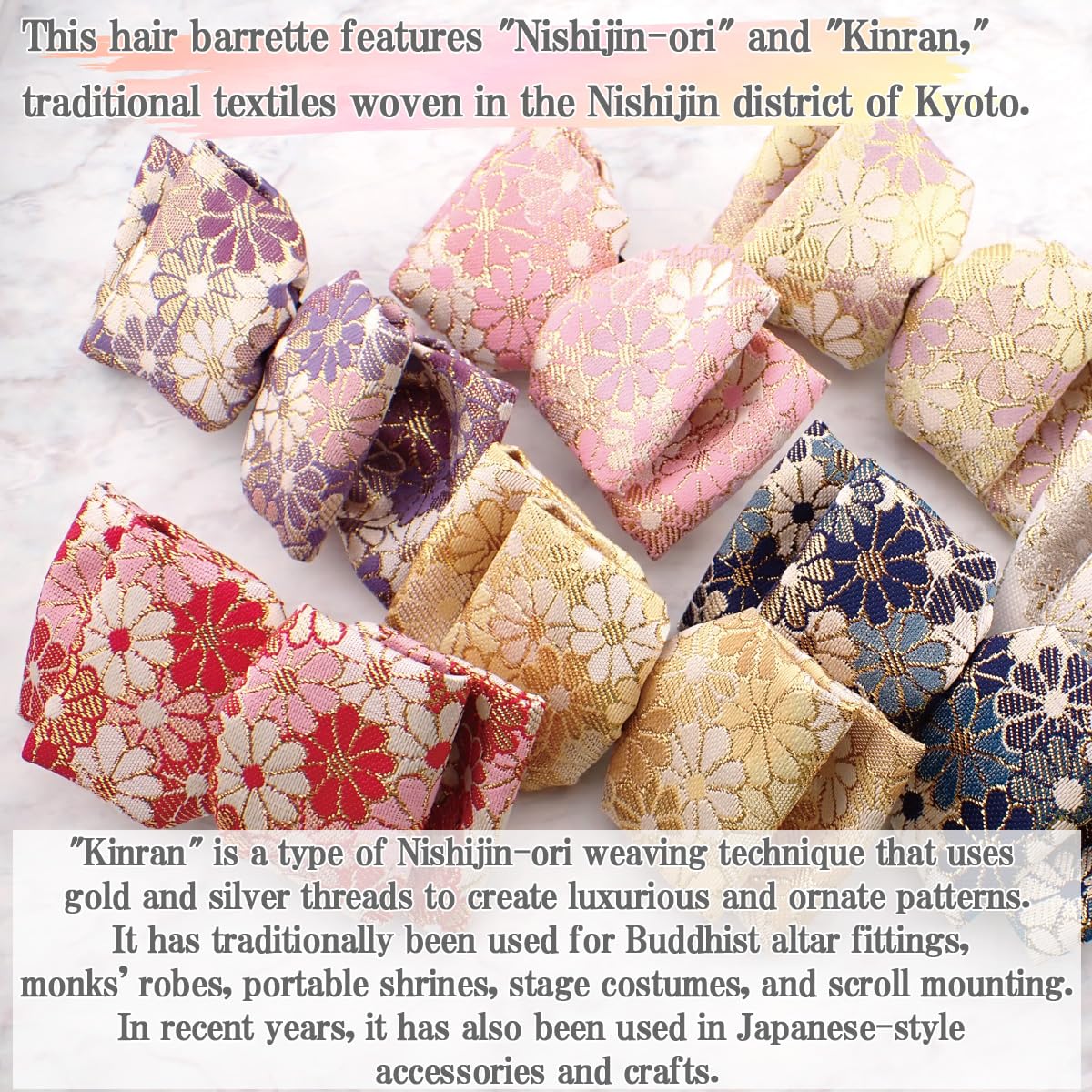Nishijin-Ori Ribbon Hair Barrette for Women, Made in Japan Kyoto Gold Brocade Floral Bow Hair Clip